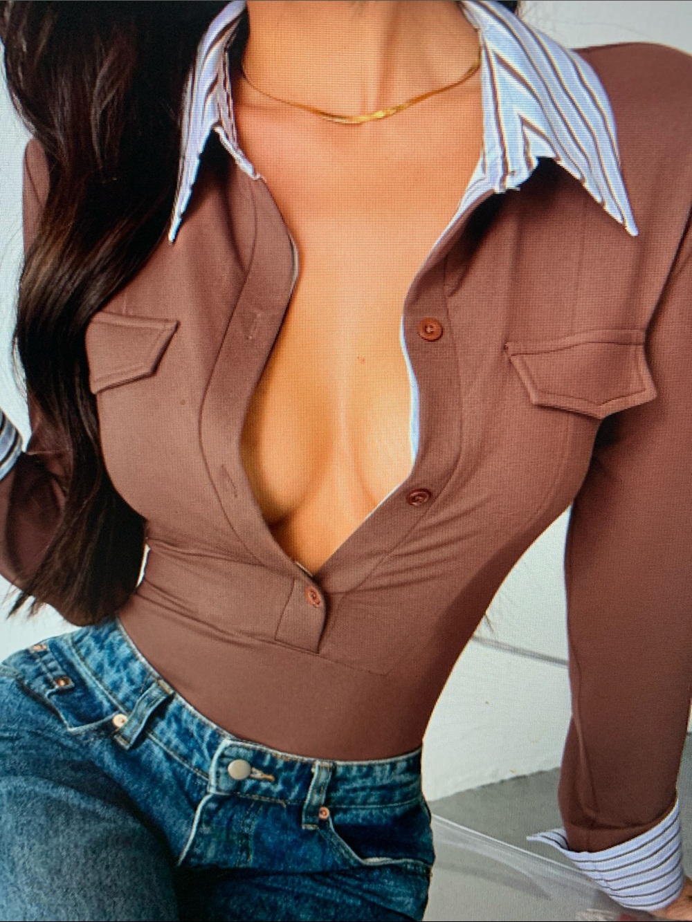 Brown Long-Sleeve Collared Bodysuit with Stripe Trim - Picture 4 of 5